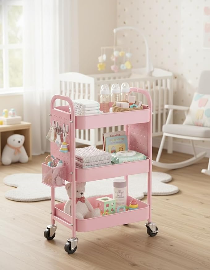 ALVOROG 3 Tier Metal Rolling Utility Cart with Pegboards,Baskets,Hooks,Pink | More Storage Craft Cart with Pegboards,Lockable Wheels,Hooks & Baskets to Organize Kitchen,Office,Bedroom and DIY Supplies