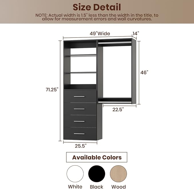 ROOMTEC Modular Closet System, 49" Wall-Mounted Closet Organizer with Drawers and Hanging Rods, Wooden Tower for Walk-In Closets, Wardrobe Storage Kit, Black