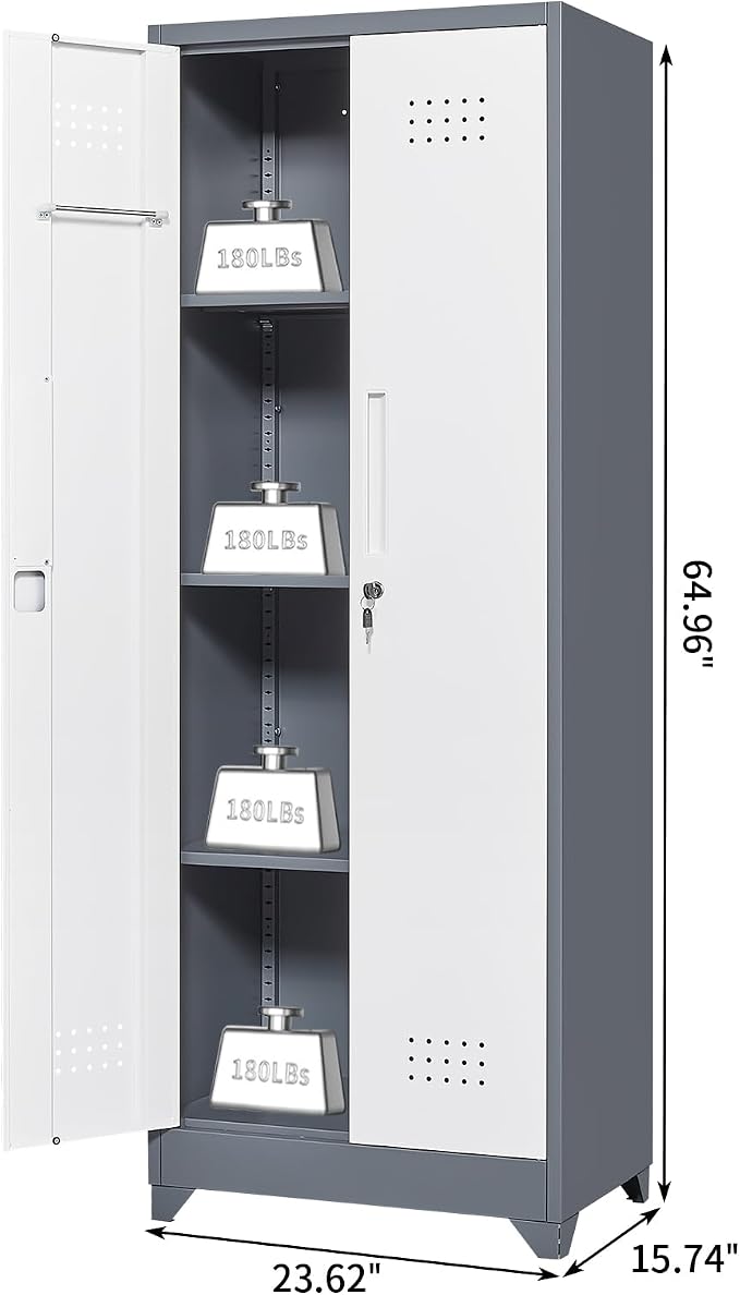 Broom Storage Cabinet, Metal Utility Storage Cabinet with Hanging Rail, 65" Tall Cleaning Tool Organizer with Shelves and Doors, Cleaning Storage for Home, Garage, Office, Balcony