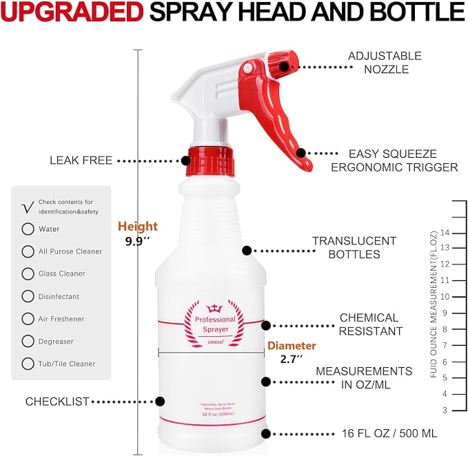 Uineko Plastic Spray Bottle (4 Pack, 16 Oz, All-Purpose) Heavy Duty Spraying Bottles Leak Proof Mist Empty Water Bottle for Cleaning Solution Planting Pet with Adjustable Nozzle and Measurements
