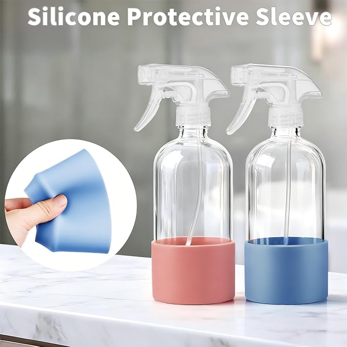Glass Spray Bottles (2-Pack) with Silicone Sleeve - 16oz Empty Refillable Bottles - Adjustable Nozzle for Hair, Plants, Cleaning & DIY Solutions - Blue & Grey (pink+Blue)