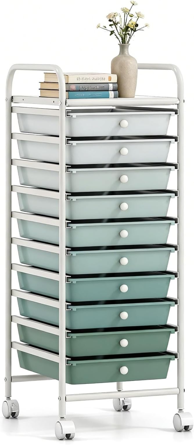 LDAILY 10-Drawer Rolling Storage Cart, Rolling Storage Cart, Storage Organizer on Wheels, Metal Frame, Scrapbook Paper Tools, Suitable for Office School, Classroom (Gradient Green, 10 Drawer)