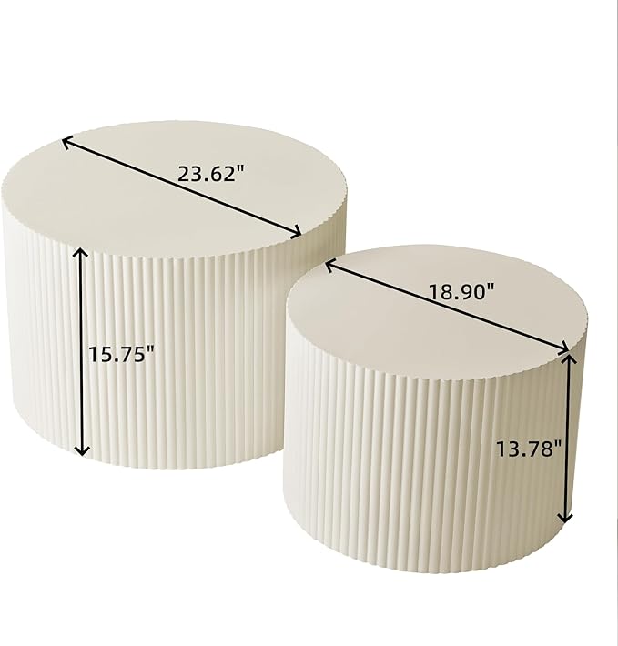 Nesting Coffee Table Set of 2, Modern Drum Side End Wave Stripe Round Coffee Table for Living Room, Bedroom, Beige