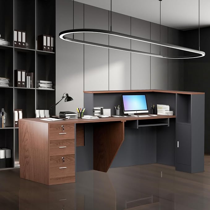 L-Shaped Large Wooden Reception Desk, Modern Front Desk Reception Counter with Lockable Drawers, Storage & Keyboard Tray for Office Lobby Checkout (Right-Brown + Black, 87''L x 42''W x 41''H)