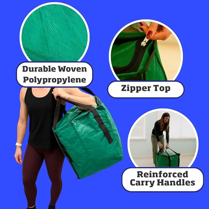 DURASACK Heavy Duty Storage Tote Bag with Zipper Top 22-Gallon Rugged Woven Polypropylene Moving Bag, Reusable Self-Standing Design, Holds up to 500 Pounds, Single, Green