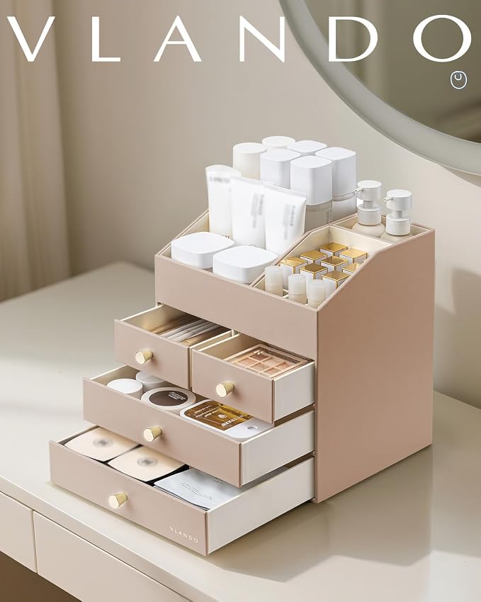 VLANDO Makeup Organizer,Vanity Organizer with Drawers, PU Leather Skincare Organizer Perfume Organizer,Large Cosmetic Display Case for Lipstick,Brushes Gifts for Women, Toffee, 4 Layer