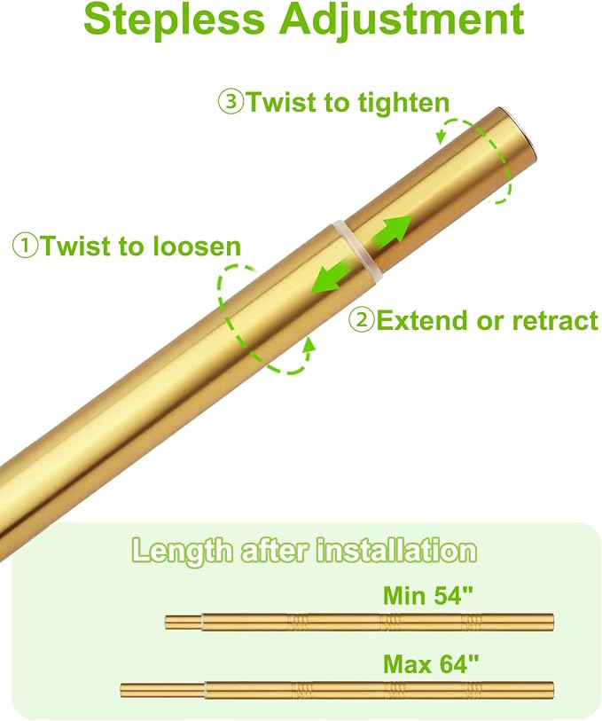 Closet Rod for Hanging Clothes, 54 to 64 Inches Adjustable Heavy Duty Closet Rod, Gold