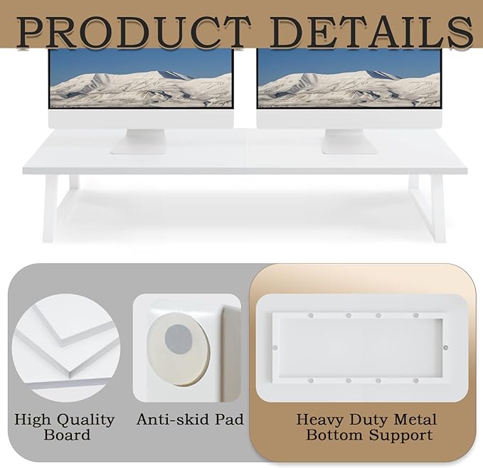 TEAMIX White Dual Monitor Stand Riser, 31.5 inch Long Stand, Desk Organizer | For Computer, Laptop, PC, Printer, Wood & Steel TV Stand, Holds 150lbs, Keyboard & PS5 Storage, For Home Office & Gaming