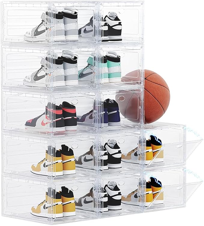 12 Pack Clear Shoe Boxes Stackable for Closet, Drop Front Large Plastic Shoe Containers