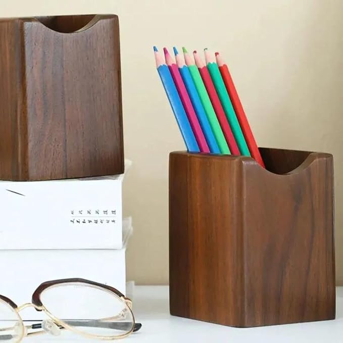 Wooden Pen Holder for Desk, 2 Pack Natural Wood Pencil Cup Holder – Office Desk Accessories Organizer, Makeup Brush Holder, Kids Crayon Marker Caddy, Eco-Friendly (2 Pack Walnut Color)