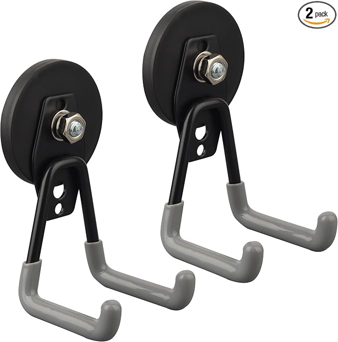 ULIBERMAGNET Heavy Duty Magnetic Hooks,Strong Large Magnet Hooks for Power Drill,Garden Tools, Hose,Pegboard,Garage, Workshop,2 Pack Magnetic Storage Hooks for Indoor Outdoor Hanging(Gray)
