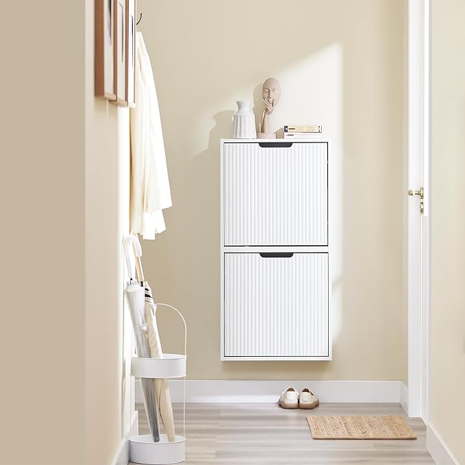 SoBuy Wall Mounted Slim Shoe Cabinet for Entryway, Narrow Shoe Rack Cabinet with 2 Flip Drawers, FSR204 (White)