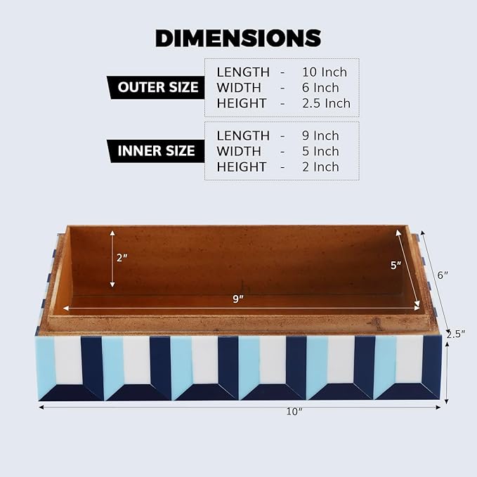 Handicrafts Home Blue Decorative Storage Box with Lid – Coffee Table Storage Box, Modern Resin Inlay Wooden Box, Remote Holder, Desk Organizer, Decorative Keepsake Box for Coastal Decor- 10x6x2.5