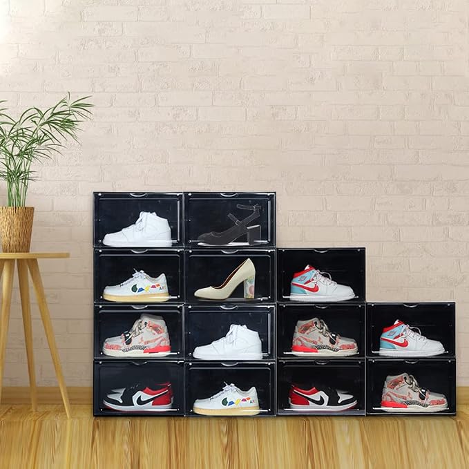XL clear shoe storage boxes stackable, 8 Pack Large Shoe Boxes Clear Plastic Stackable, Drop side Sneaker Container Fit Size 13 (Black 8 Pack)