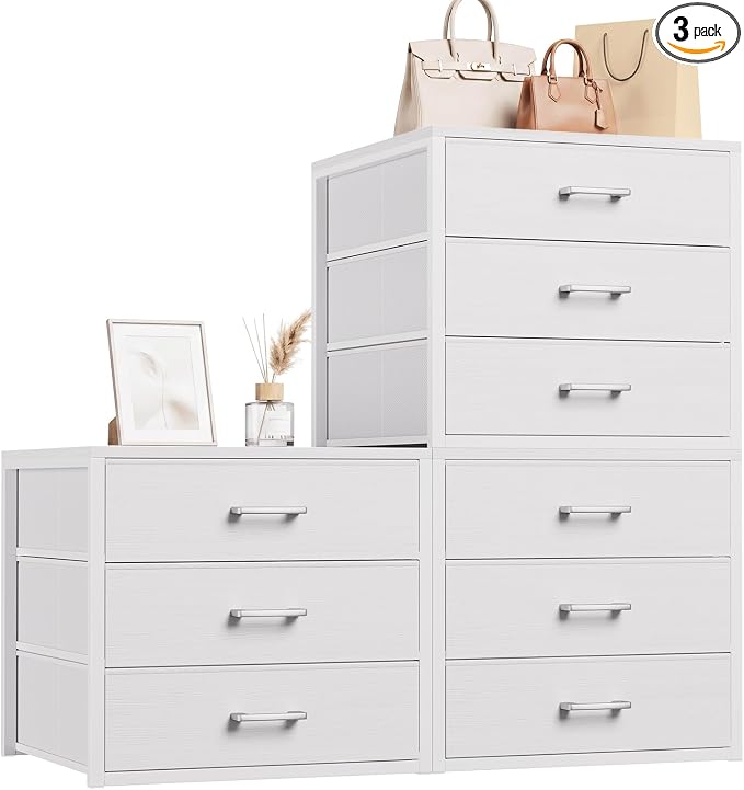 3 Fabric Drawer for Closet Storage: White Stackable Dresser Short Drawers for Clothes Organizer, Low Modular Chest Cabinet for Inside Closet Bedroom Nursery & Small Spaces, 3 Packs