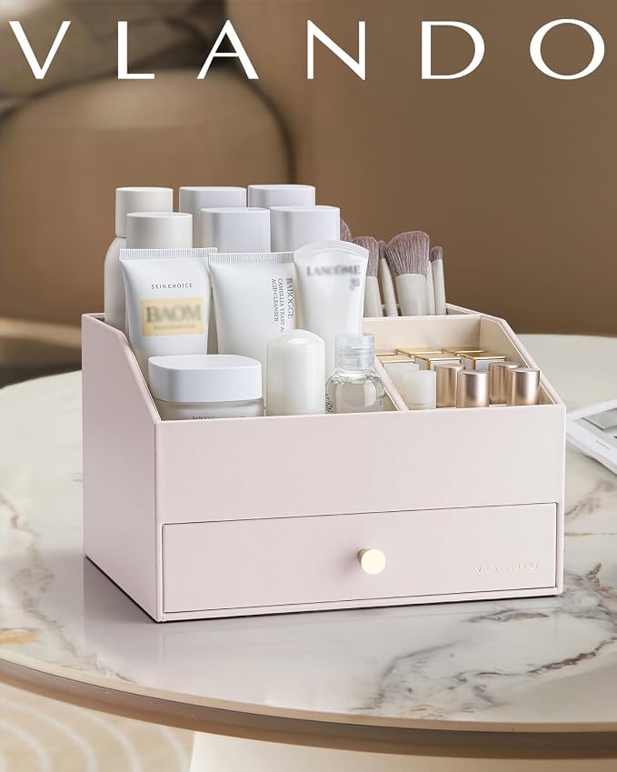 VLANDO Makeup Organizer,Vanity Organizer with Drawers, PU Leather Skincare Organizer Perfume Organizer,Large Cosmetic Display Case for Lipstick,Brushes Gifts for Women-Apricot White