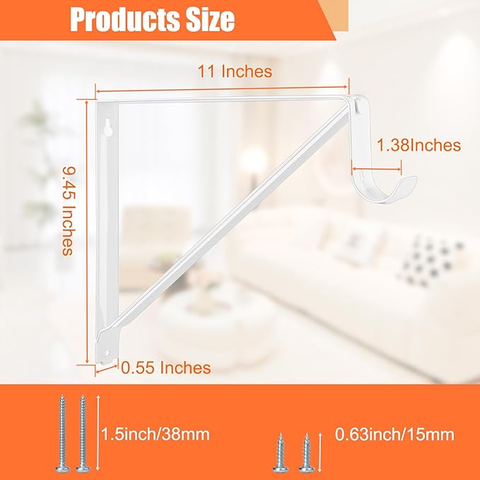 10 Pack Heavy Duty Closet Shelf & Rod Brackets, Wall Mounted Closet Shelf Brackets, 11 x 9.45 Inch Closet Shelf Brackets with Rod Support, White
