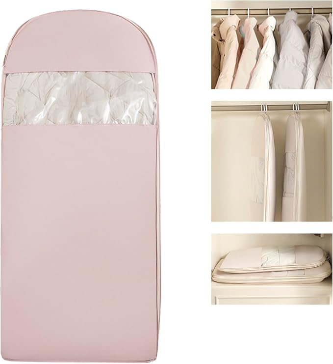 Space Saving Hanging Garment Bag with Compression Zipper | For Closet Storage, Garment Bag for Coats and Down Jackets.(Pink，L)