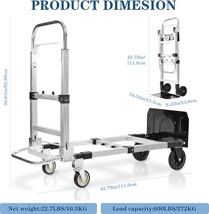600-Pound 4-Wheel Folding Hand Truck/Cart, Heavy-Duty with Adjustable Height & Length, for Industrial Use and Home Moving