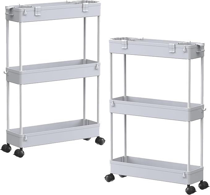 SPACELEAD 2-piece Set Slim Storage Cart 3 Tier,Bathroom Organizer Rolling Utility,Mobile Shelving Unit Slide Out for Office, Kitchen, Laundry Room & Narrow Places