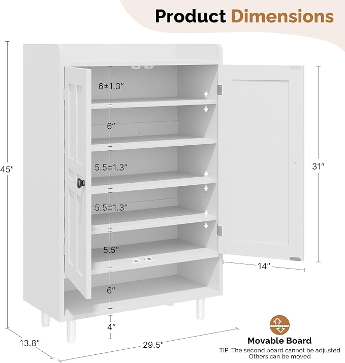 Farmhouse Shoe Cabinet with Doors, 6-Tier Wooden Shoe Organizer with Adjustable Shelves, Entryway Storage Cabinet with Metal Legs, Rustic Shoe Storage for Entryway or Living Room (White)