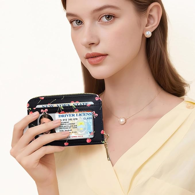 Sunwel Fashion Credit Card Holder for Women Small Accordion Card Cases with ID Window (PINK CHERRY)