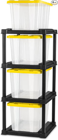 Sterilite 4-Tier Tote Rack & 4-Pack 27 Gallon Storage Box, Shelf and Tote Organizers - Plastic Shelving Unit and Container Bins for Bathroom, Garage, Pantry, Bookshelf, and Bedroom Organization