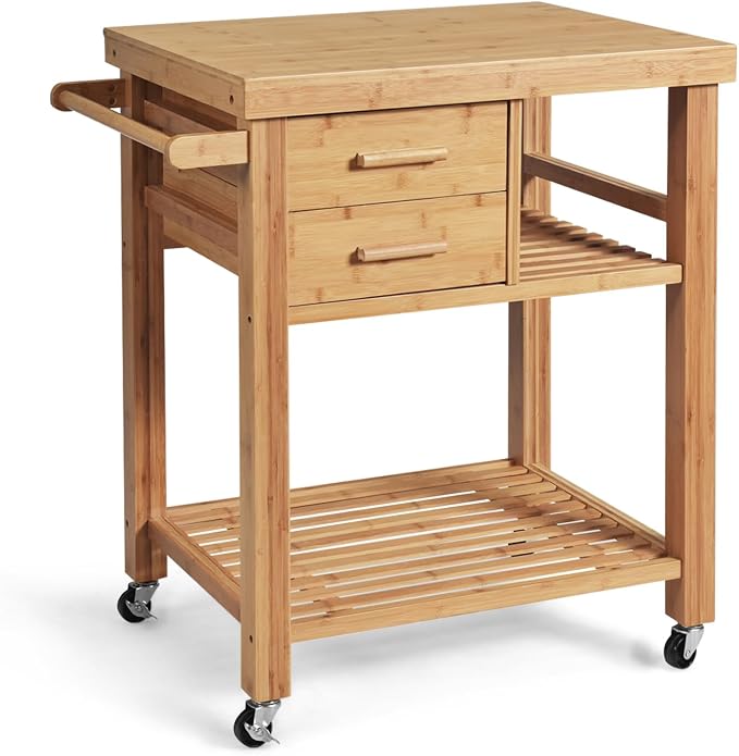 Kitchen Island, Rolling Butcher Block Kitchen Cart on Wheels, Bamboo Kitchen Trolley with Drawers, Shelves, Towel Rack, Small Kitchen Island Cart for Dining Room