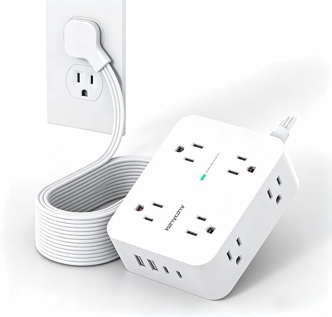 25 Ft Extra Long Extension Cord, 1080J Surge Protector Power Strip HANYCONY | Ultra-Thin Flat Plug, 8 Widely Spaced Outlets & 4 USB Ports (2 USB C), for Home, Office, Workshop, Wall Mount Design