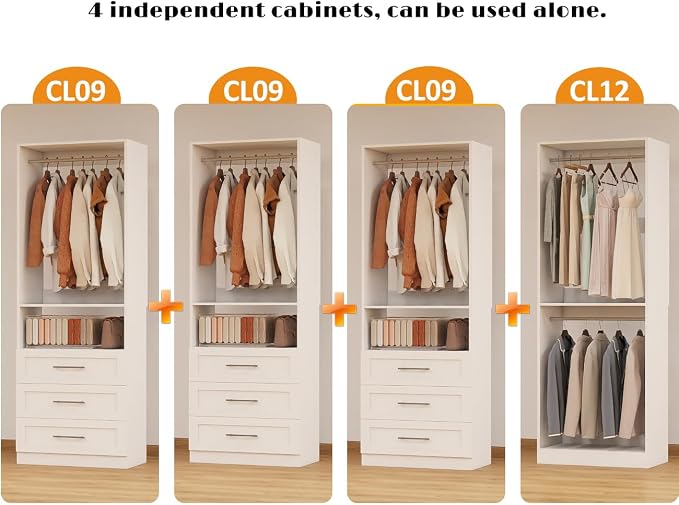 Closet System with 9 Drawers, 8FT-21FT Closet Organizer Systems with 9 Hanging Rods, Walk in Closet Freestanding Corner Closet System Modular Closet System Bedroom White 4 Sets(8FT)