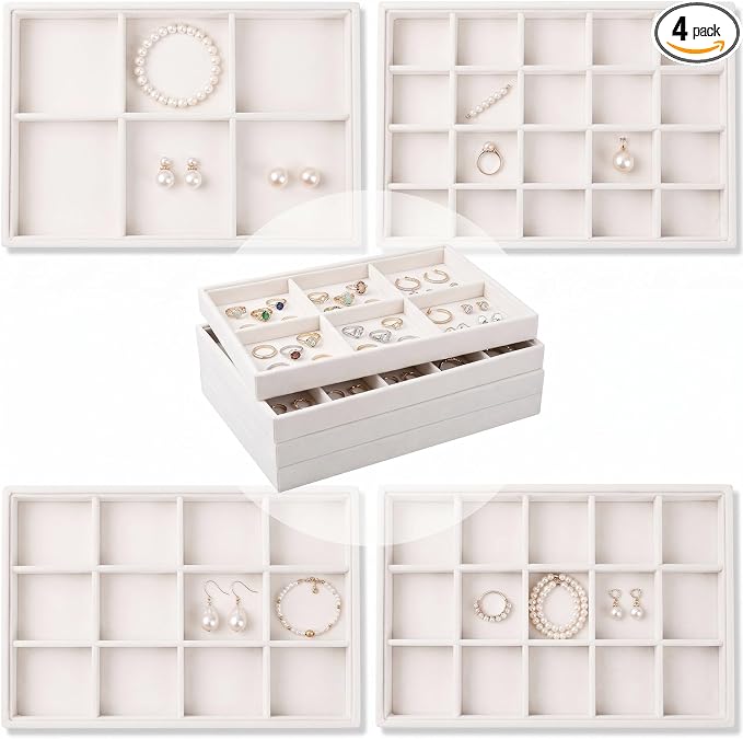 Unittype Set of 4 Stackable Jewelry Organizer Tray for Drawer Inserts Velvet Necklace Earring Bracelet Ring Holder Jewelry Display Storage Box for Bangle Stud Necklace Ring(6/12/15/24 Grid,Beige)