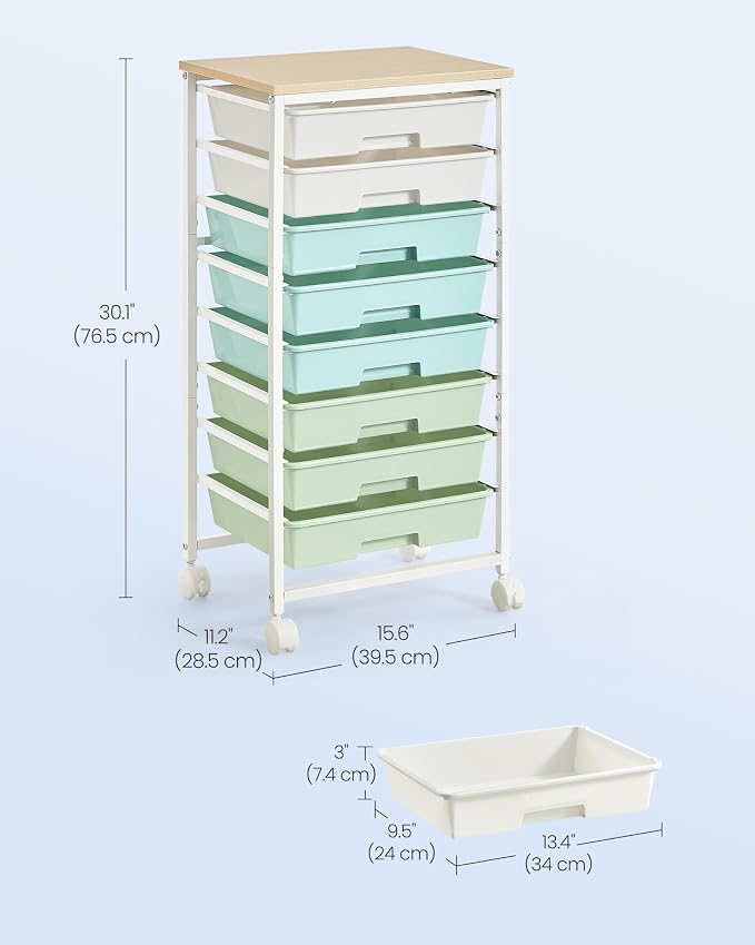VASAGLE 8-Drawer Rolling Storage Cart, Utility Cart with Wheels and Wood Top, Craft Organizer for Office and Home, 15.6 x 11.2 x 30.1 inch, Green and White, Benco Collection ULRC006C101
