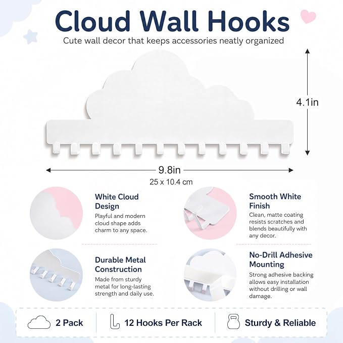 Hicarer 2 Pack White Cloud Necklace Holder Wall Mount with 24 Hooks Adhesive Metal Jewelry Organizer Nursery Wall Decor Kids Room Storage for Earrings Bracelets Rings Keys