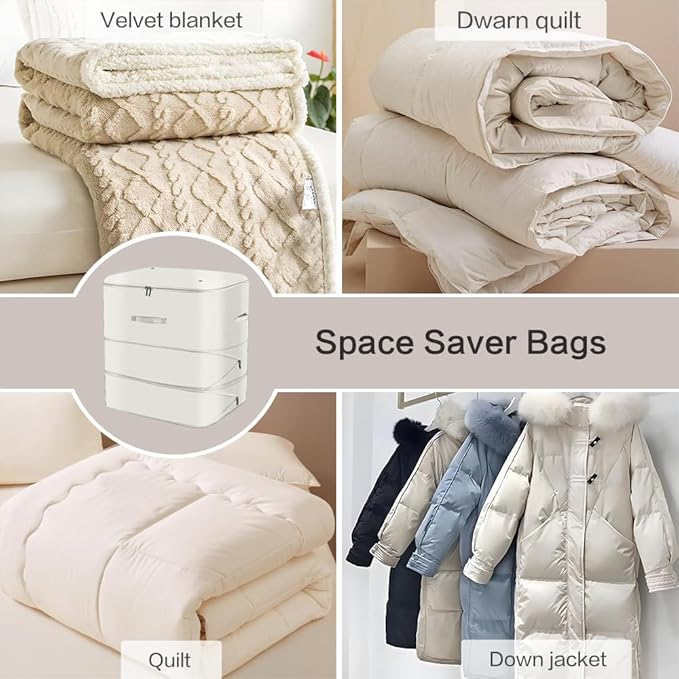 Space Saving Self Compression Organizer,Compression Storage Bags for Bedding and travel,Storage bags for Blankets Duvet Quilts Pillows, Comforter Storage with zippered ventilation holes（beige XL）