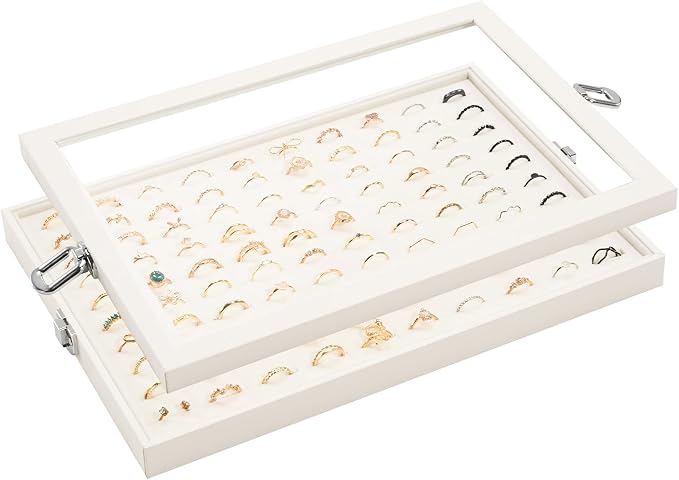 Lolalet Jewelry Organizer Tray with Lid, 100 Grids Velvet Ring Organizer Holder Storage Box for Drawer -Beige | Made of velvet cover, with lid, compact for drawers, 100 compartments for clear rings organiser