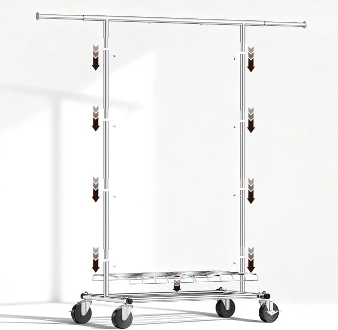 Heavy Duty Clothes Rack for Bedroom - Load 420 LBS - Rolling Clothing Rack for Hanging Clothes with Lockable Wheels & Shelves - Extendable Garment Rack for Closet Laundry - Silver
