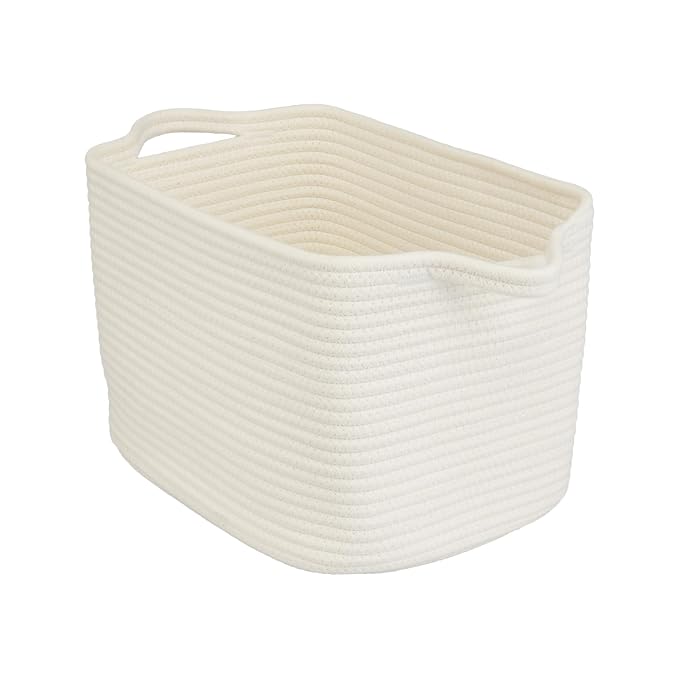 XUANGUO Woven Cotton Rope Storage Basket with Handles 13x10x9 inch White | 13" x 10" x 9" woven cotton rope basket for shelves and closets. Perfect for toys, books, towels, clothes and nursery storage