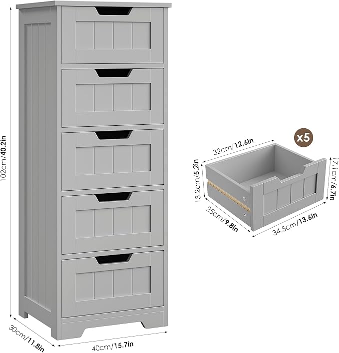 FOTOSOK Bathroom Cabinet, Bathroom Storage Cabinet with 5 Drawers, Wooden Storage Cabinets with Cut-Out Handles, 11.8” x 15.7” x 40.1” Bathrooms Floor Cabinets for Hallway/Living Room, Grey