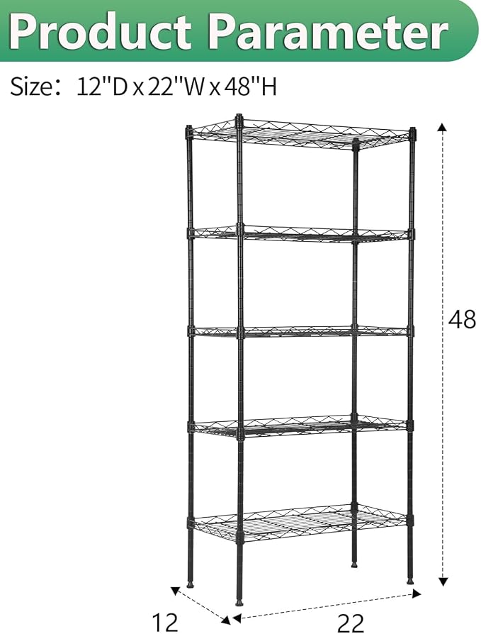 BestOffice | 5-Tier Wire Storage Shelves | 22x12x48 | Black | with Adjustable Racks | Heavy-Duty Metal Shelf, Holds Upto 750 lbs | No-Tool Assembly | Ideal for Home & Garage Shelving