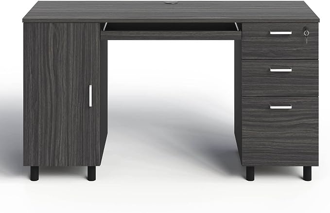 Modern Designs Venice Computer Desk with Lockable Drawers, 53 Inch Home Office Desk with Storage Cabinet, Keyboard Tray & Cable Management, Modern Study Writing Desk for Small Spaces, Black and Grey