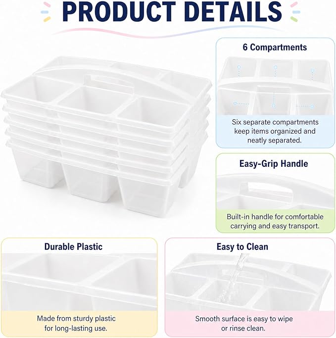 6 Pack Assorted Colors 6 Compartment Classroom Caddy with Handle Portable Plastic Storage Classroom Caddies Organizer for Classrooms Supply Teacher Office Table Desk(Clear)