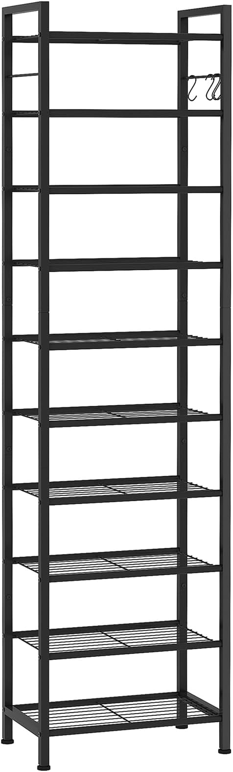 usikey 10 Tiers Narrow Shoe Rack 20-30 Pairs, Sturdy Metal Tall Shoe Rack Shelf with 4 Hooks, Slim Shoe Storage with Metal Shelf, Space Saving Vertical Shoe Organizer for Closet Entryway, Black