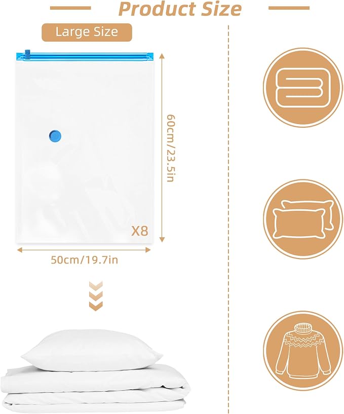 8 Pack Vacuum Storage Bag for Travel with Cordless Electric Pump, Large | Carry-on Packing Bags for Luggage and Suitcase, Space Saver Compression Clothes Storage Bag with Rechargeable Pump (8 Large)