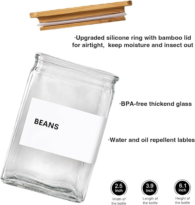 Glass Storage Jars with Bamboo Lids, 27oz Square Spice Jars for Kitchen Pantry Organization, Glass Seasoning Bottles Spice Containers with Labels for Cereal Flour Beans Tea