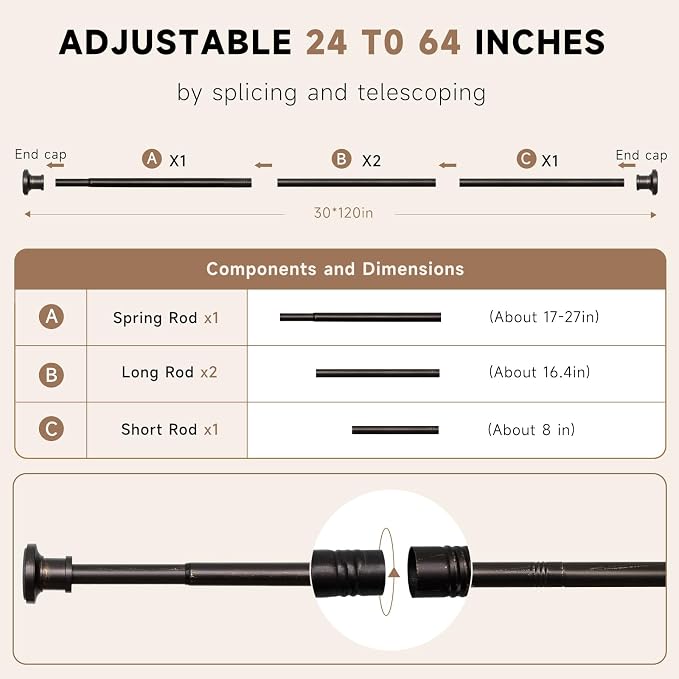 BRIOFOX Bronze Tension Curtain Rod 24 to 64 Inch(2-5.3ft) - Spring Tension Shower Curtain Rod, No Drilling Bronze Tension Rod for Curtains Windows Closet Kitchen