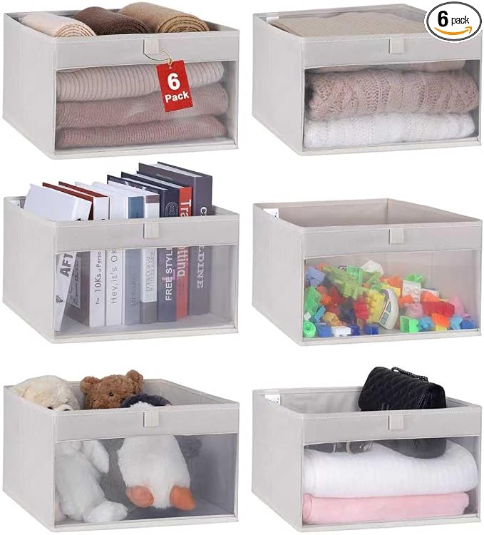 WUIKE 6-Pack Closet Storage Bins with Window, Beige Large | 14.57"L x 10"W x 8.6"H, Durable Fabric Baskets,Linen Closet Organizers and Storage for Clothes, Purses, and Blankets