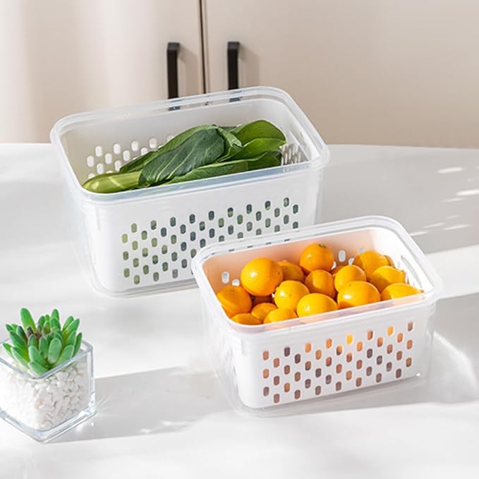 2-Pack Refrigerator Storage Containers with Removable Colander Baskets, Fridge Organizer Box for Fruits Vegetables, Keep Fresh & Tidy, Space Saving Kitchen Food Storage Container Set