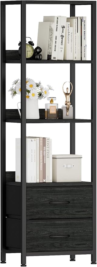 Furnulem 4-Tier Corner Shelf, Bookshelf with 2 Storage Drawers, 57.28”Tall Narrow Bookcase, Standing Shelf Organizer Unit for Living Room, Bedroom, Metal Frame, Wood Display Shelf | 57.28”Tall Bookcase for Bedroom,Living Room,Display Cabinet with Metal...