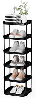 6 Tier Vertical Narrow Shoe Rack, Stackable Tall Skinny Shoerack, Compact Single Shoes Storage Tower for Slim Space, Corner Plastic Shelves, for Hallways, Entryway, Bedrooms Organizer, Black