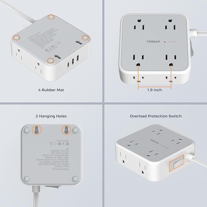 TESSAN Surge Protector Power Strip, 5 Ft Flat Plug Extension Cord with 3 USB (1 USB C) 8 Outlets, 900J Protection, 3 Sided Outlet Extender with Ring Plug for Office, Dorm Room, Grey